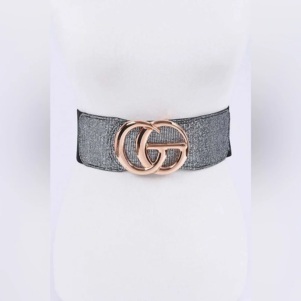 Black Oversized Metal Buckle Accented Elastic Statement Belt